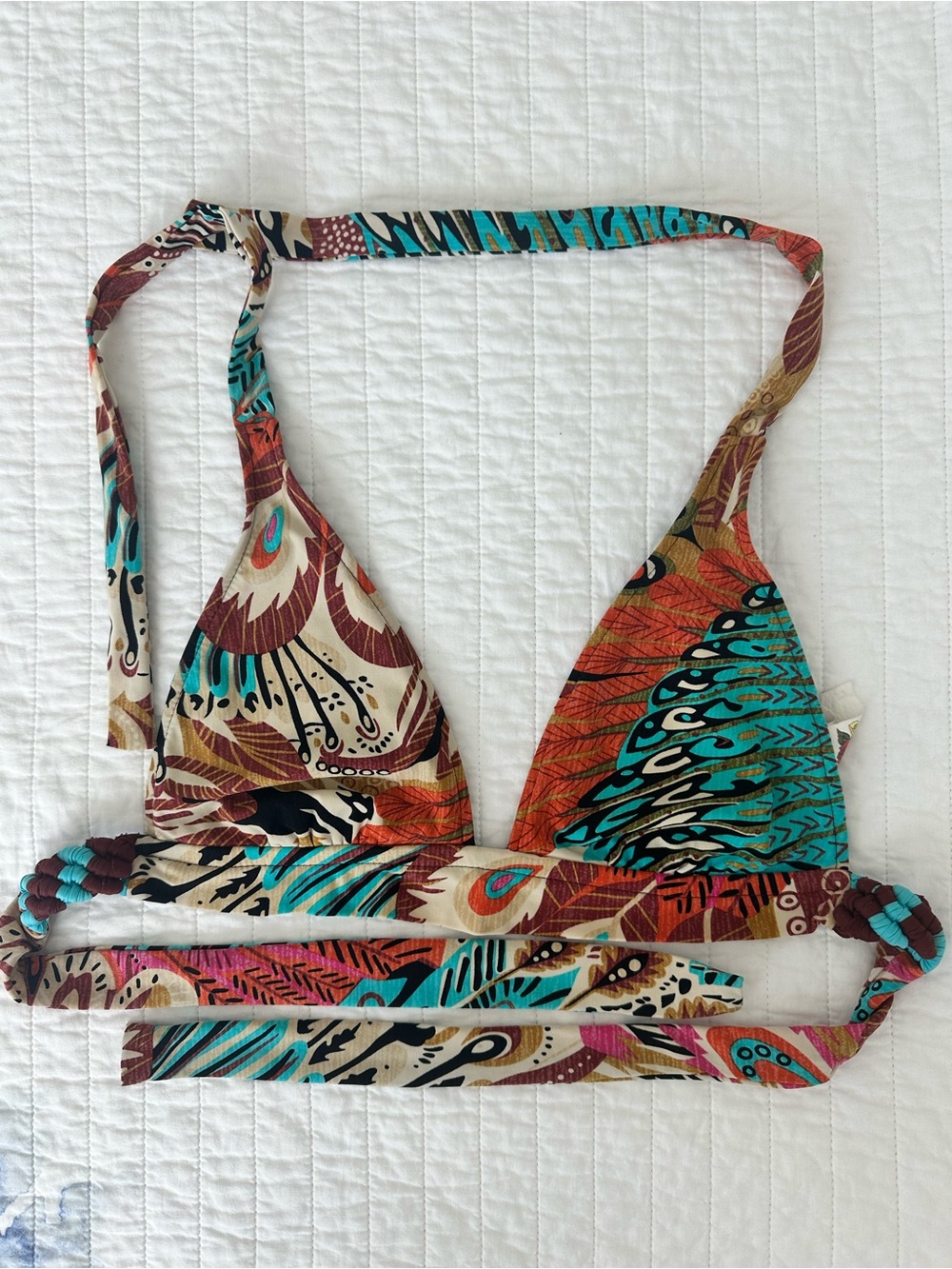 Vintage Y2K Lucky Brand Teal & Rust Feather-Print Triangle Bikini Top